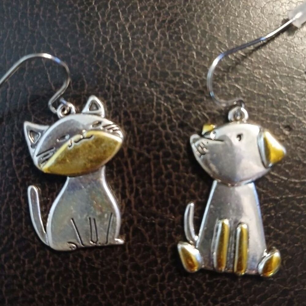 Stainless Steel and Gold Cat & Dog Dangle Earrings - Picture 3 of 5